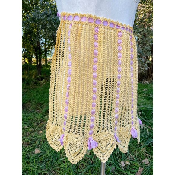 Vintage Yellow crochet Purple Ribbon Half apron - Picture 10 of 10